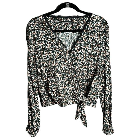 Abercrombie & Fitch Green and Pink Floral Long Sleeve Wrap Blouse Lace Trim Sz S - Picture 1 of 8